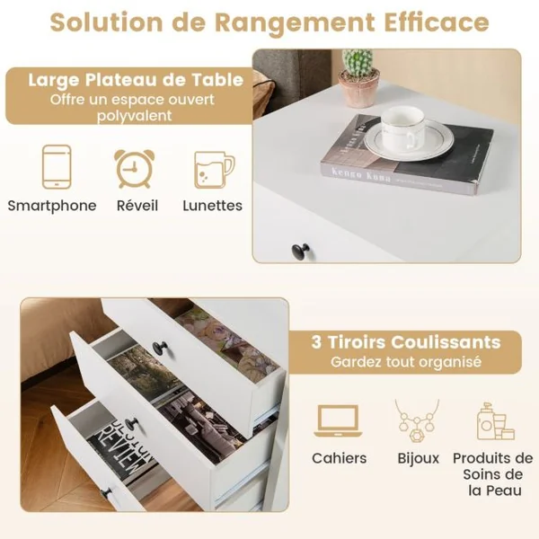 Table de Nuit avec 3 Tiroirs Coffre de Rangement pour Canapé Table en Bois pour Téléphone et Café Meuble Multifonction à 3 Étagères Blanc