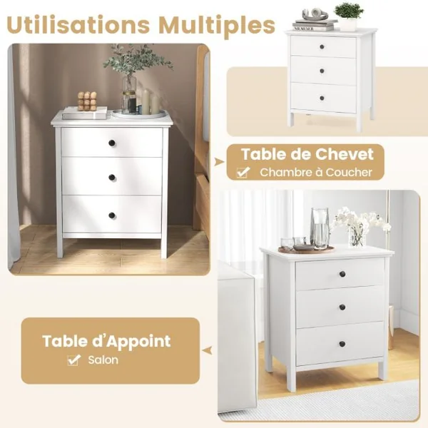 Table de Nuit avec 3 Tiroirs Coffre de Rangement pour Canapé Table en Bois pour Téléphone et Café Meuble Multifonction à 3 Étagères Blanc