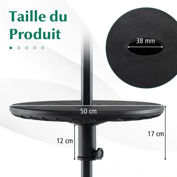 Table de Parasol Réglable Extérieure de 50 CM Plateau de Table Rond avec Trou de 38 MM pour Parasol Imitation Grain de Bois
