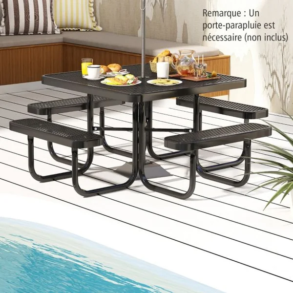 Table de Pique-nique Carrée et Bancs Intégrés pour 8 Personnes Table de Camping 116 cm avec Sièges et Trou pour Parasol Noir