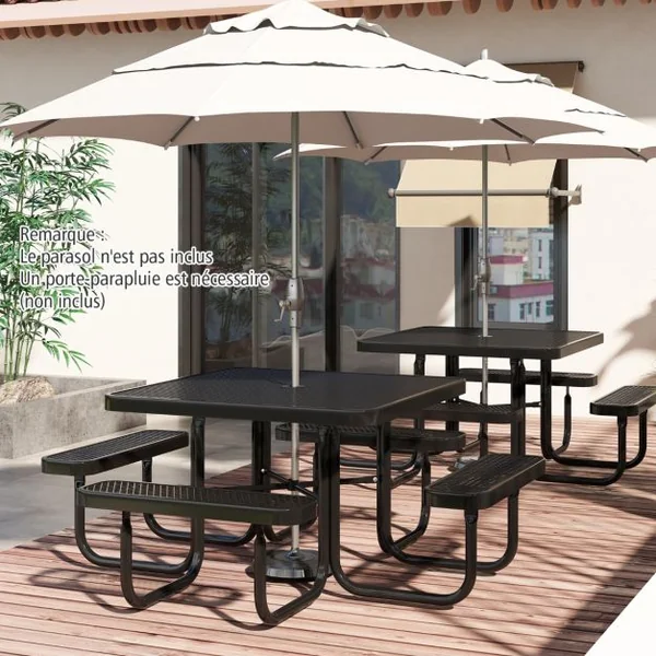 Table de Pique-nique Carrée et Bancs Intégrés pour 8 Personnes Table de Camping 116 cm avec Sièges et Trou pour Parasol Noir