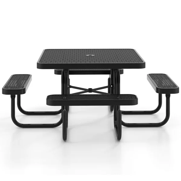 Table de Pique-nique Carrée et Bancs Intégrés pour 8 Personnes Table de Camping 116 cm avec Sièges et Trou pour Parasol Noir