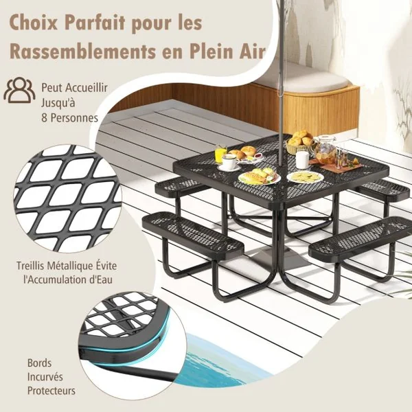 Table de Pique-nique Carrée et Bancs Intégrés pour 8 Personnes Table de Camping 116 cm avec Sièges et Trou pour Parasol Noir
