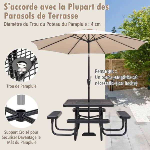 Table de Pique-nique Carrée et Bancs Intégrés pour 8 Personnes Table de Camping 116 cm avec Sièges et Trou pour Parasol Noir