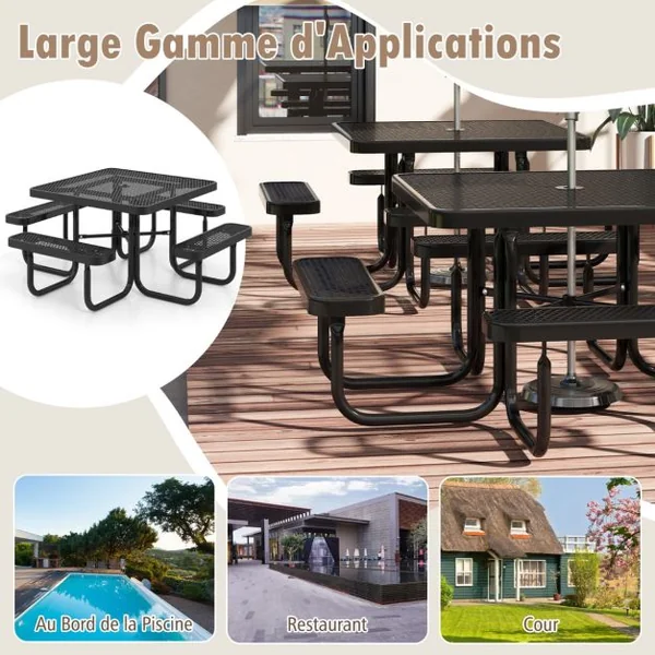 Table de Pique-nique Carrée et Bancs Intégrés pour 8 Personnes Table de Camping 116 cm avec Sièges et Trou pour Parasol Noir