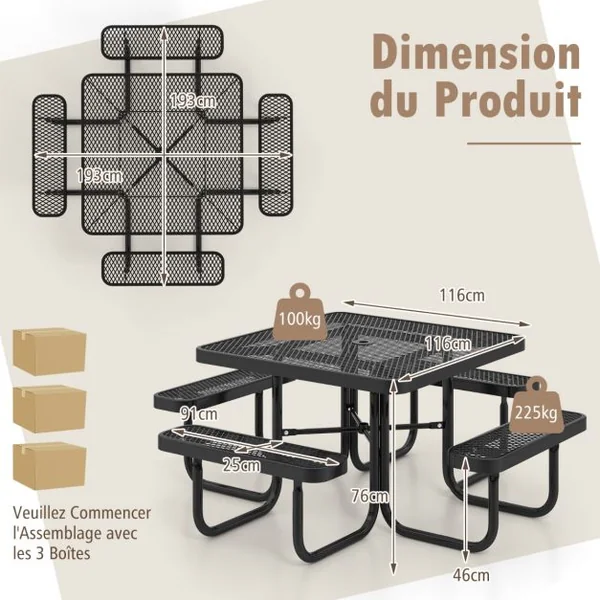 Table de Pique-nique Carrée et Bancs Intégrés pour 8 Personnes Table de Camping 116 cm avec Sièges et Trou pour Parasol Noir