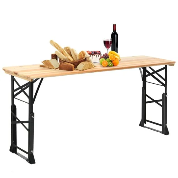 Table de Pique-nique Pliante de 168,5 x 50 cm Charge 50KG Table de Salle à Manger en Bois Extérieur Hauteur Réglable 75-105 cm avec Trou