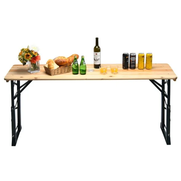 Table de Pique-nique Pliante de 168,5 x 50 cm Charge 50KG Table de Salle à Manger en Bois Extérieur Hauteur Réglable 75-105 cm avec Trou