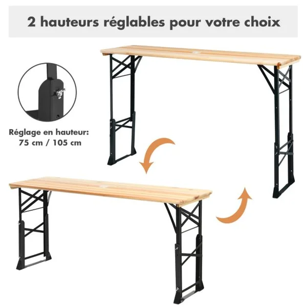 Table de Pique-nique Pliante de 168,5 x 50 cm Charge 50KG Table de Salle à Manger en Bois Extérieur Hauteur Réglable 75-105 cm avec Trou