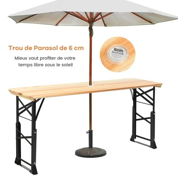 Table de Pique-nique Pliante de 168,5 x 50 cm Charge 50KG Table de Salle à Manger en Bois Extérieur Hauteur Réglable 75-105 cm avec Trou