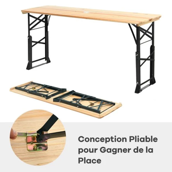 Table de Pique-nique Pliante de 168,5 x 50 cm Charge 50KG Table de Salle à Manger en Bois Extérieur Hauteur Réglable 75-105 cm avec Trou
