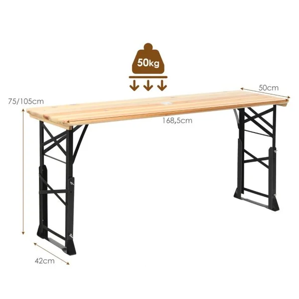 Table de Pique-nique Pliante de 168,5 x 50 cm Charge 50KG Table de Salle à Manger en Bois Extérieur Hauteur Réglable 75-105 cm avec Trou