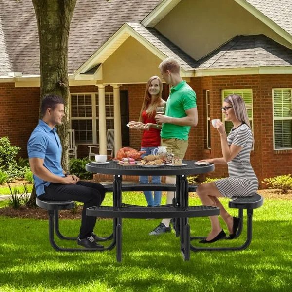 Table de Pique-Nique Ronde avec 4 Bancs Intégrés pour 8 Personnes Table de Camping en Métal avec Sièges et Trou pour Parasol 202x75cm Noir