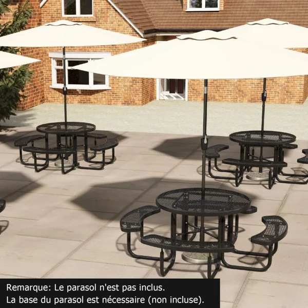 Table de Pique-Nique Ronde avec 4 Bancs Intégrés pour 8 Personnes Table de Camping en Métal avec Sièges et Trou pour Parasol 202x75cm Noir
