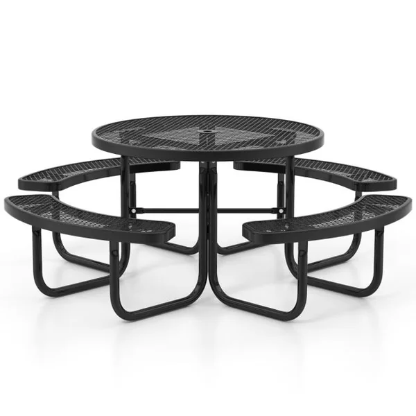 Table de Pique-Nique Ronde avec 4 Bancs Intégrés pour 8 Personnes Table de Camping en Métal avec Sièges et Trou pour Parasol 202x75cm Noir
