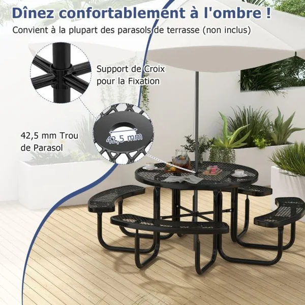 Table de Pique-Nique Ronde avec 4 Bancs Intégrés pour 8 Personnes Table de Camping en Métal avec Sièges et Trou pour Parasol 202x75cm Noir