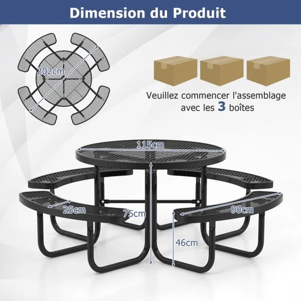 Table de Pique-Nique Ronde avec 4 Bancs Intégrés pour 8 Personnes Table de Camping en Métal avec Sièges et Trou pour Parasol 202x75cm Noir