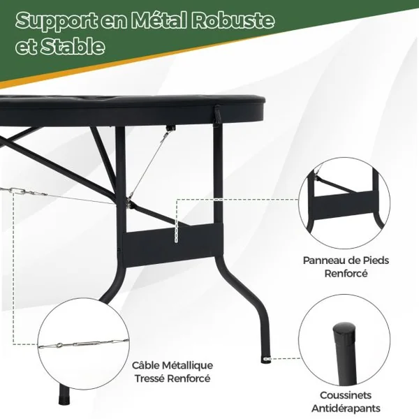 Table de Poker Ovale Pliable de 182 cm pour 8 Joueurs Table de Jeu de Cartes pour Blackjack Texas Hold'em Porte-gobelets en Métal Vert