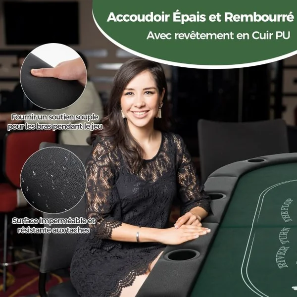 Table de Poker Ovale Pliable de 182 cm pour 8 Joueurs Table de Jeu de Cartes pour Blackjack Texas Hold'em Porte-gobelets en Métal Vert
