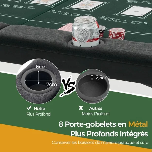 Table de Poker Ovale Pliable de 182 cm pour 8 Joueurs Table de Jeu de Cartes pour Blackjack Texas Hold'em Porte-gobelets en Métal Vert