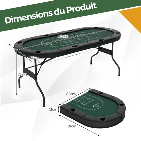 Table de Poker Ovale Pliable de 182 cm pour 8 Joueurs Table de Jeu de Cartes pour Blackjack Texas Hold'em Porte-gobelets en Métal Vert