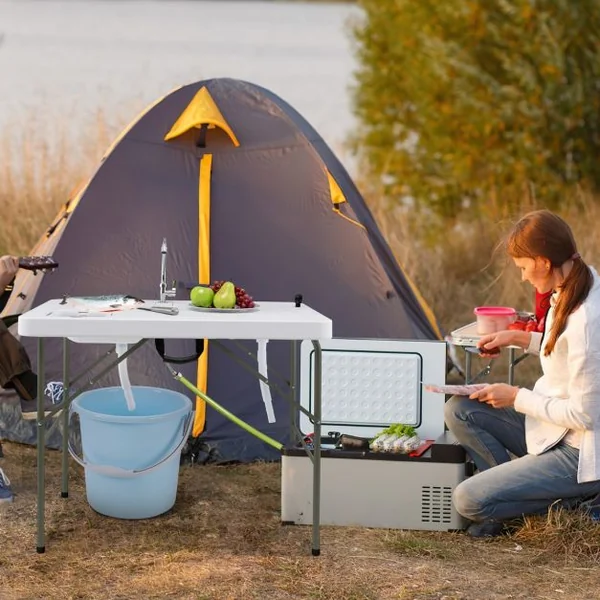 Table de Pêche avec 2 Éviers Robinet Rotatif 360° Table Pliante Portable pour Nettoyage de Poisson en Acier&HDPE Ultra-Léger Charge 150KG