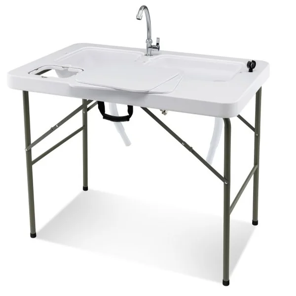 Table de Pêche avec 2 Éviers Robinet Rotatif 360° Table Pliante Portable pour Nettoyage de Poisson en Acier&HDPE Ultra-Léger Charge 150KG