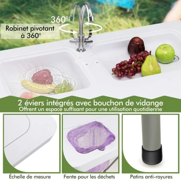 Table de Pêche avec 2 Éviers Robinet Rotatif 360° Table Pliante Portable pour Nettoyage de Poisson en Acier&HDPE Ultra-Léger Charge 150KG