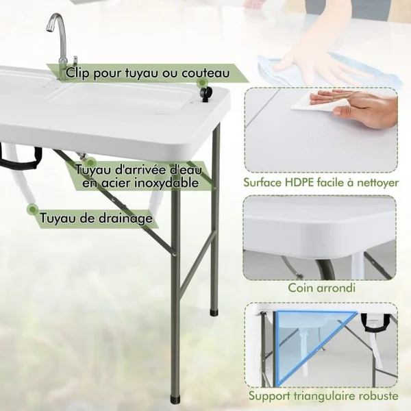 Table de Pêche avec 2 Éviers Robinet Rotatif 360° Table Pliante Portable pour Nettoyage de Poisson en Acier&HDPE Ultra-Léger Charge 150KG