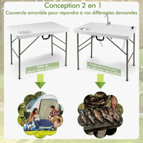 Table de Pêche avec 2 Éviers Robinet Rotatif 360° Table Pliante Portable pour Nettoyage de Poisson en Acier&HDPE Ultra-Léger Charge 150KG