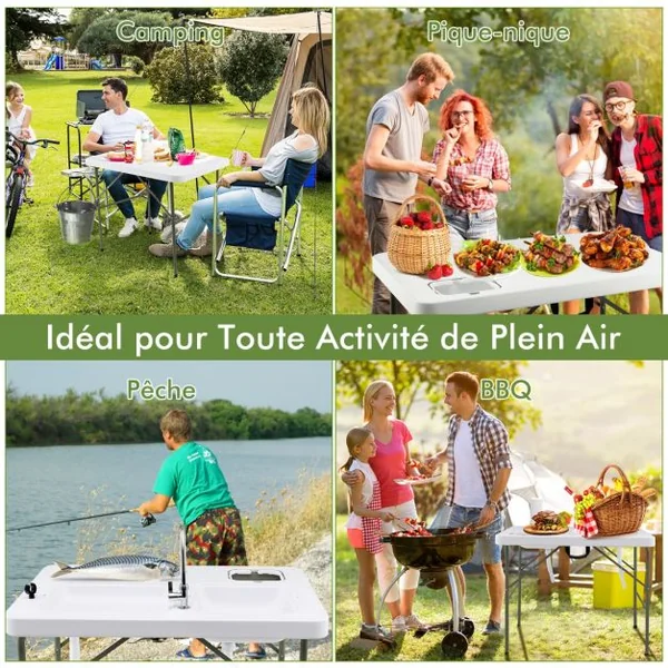 Table de Pêche avec 2 Éviers Robinet Rotatif 360° Table Pliante Portable pour Nettoyage de Poisson en Acier&HDPE Ultra-Léger Charge 150KG