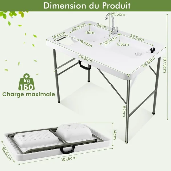 Table de Pêche avec 2 Éviers Robinet Rotatif 360° Table Pliante Portable pour Nettoyage de Poisson en Acier&HDPE Ultra-Léger Charge 150KG