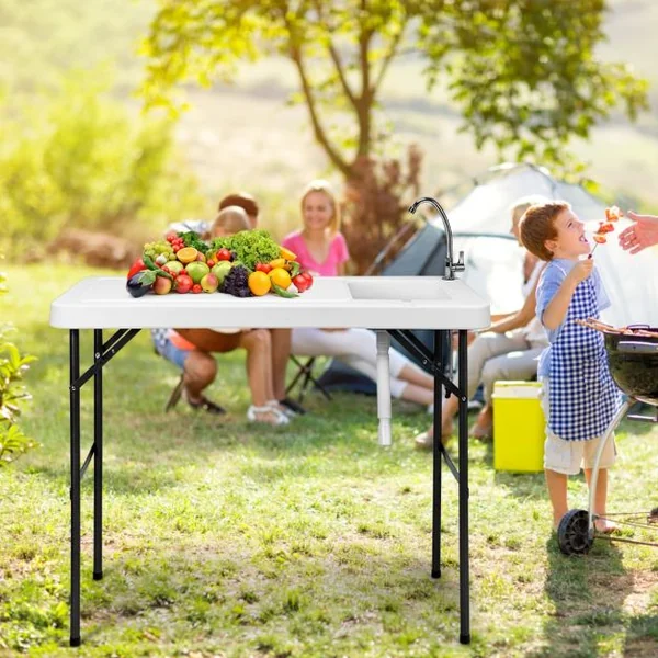 Table de Pêche Pliante avec Robinet en Acier Table Camping Portable pour Nettoyage Poisson avec Évier et Tuyau de Drainage Charge 90KG