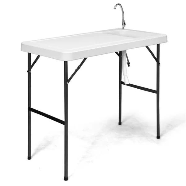 Table de Pêche Pliante avec Robinet en Acier Table Camping Portable pour Nettoyage Poisson avec Évier et Tuyau de Drainage Charge 90KG