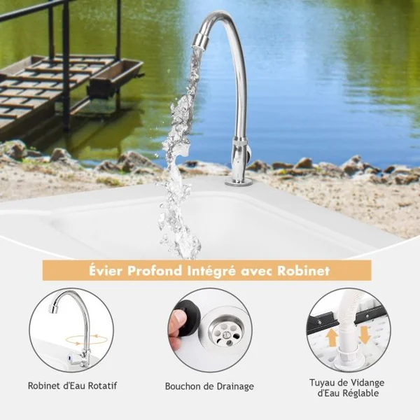 Table de Pêche Pliante avec Robinet en Acier Table Camping Portable pour Nettoyage Poisson avec Évier et Tuyau de Drainage Charge 90KG