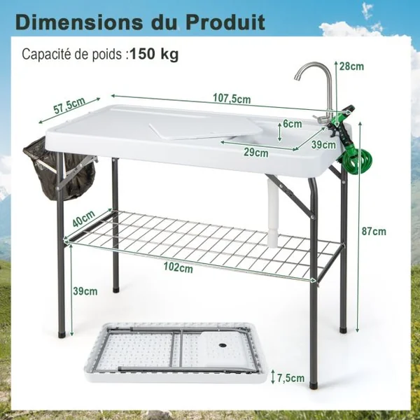 Table de Pêche Pliante avec Robinet Rotatif 360° Table Camping Portable pour Nettoyage Poisson en Acier&HDPE avec Évier et Support de Grille Charge 150KG
