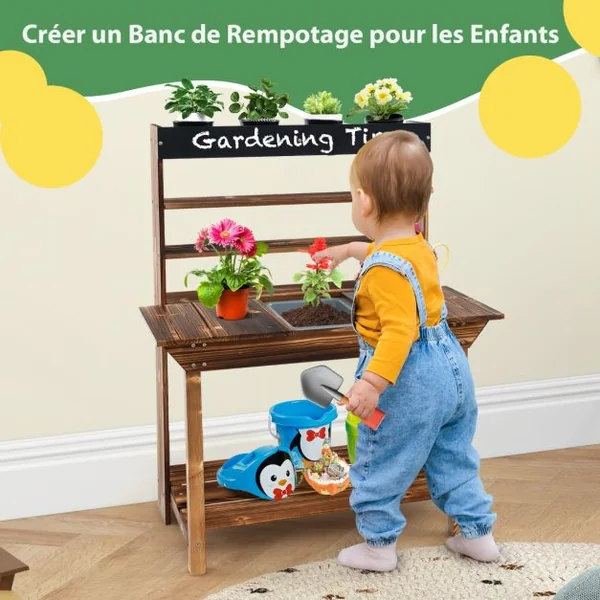 Table de Rempotage en Bois Cuisine Extérieure avec Cadre en Bois de Sapin Évier Amovible 4 Pots de Fleurs Tableau Noir pour 3-7 Ans Naturel
