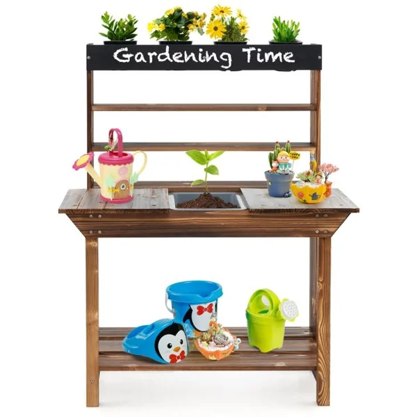 Table de Rempotage en Bois Cuisine Extérieure avec Cadre en Bois de Sapin Évier Amovible 4 Pots de Fleurs Tableau Noir pour 3-7 Ans Naturel