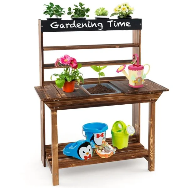Table de Rempotage en Bois Cuisine Extérieure avec Cadre en Bois de Sapin Évier Amovible 4 Pots de Fleurs Tableau Noir pour 3-7 Ans Naturel
