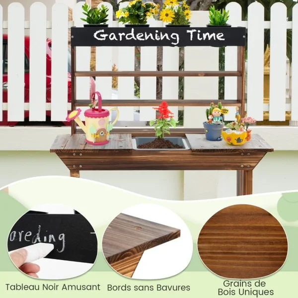 Table de Rempotage en Bois Cuisine Extérieure avec Cadre en Bois de Sapin Évier Amovible 4 Pots de Fleurs Tableau Noir pour 3-7 Ans Naturel