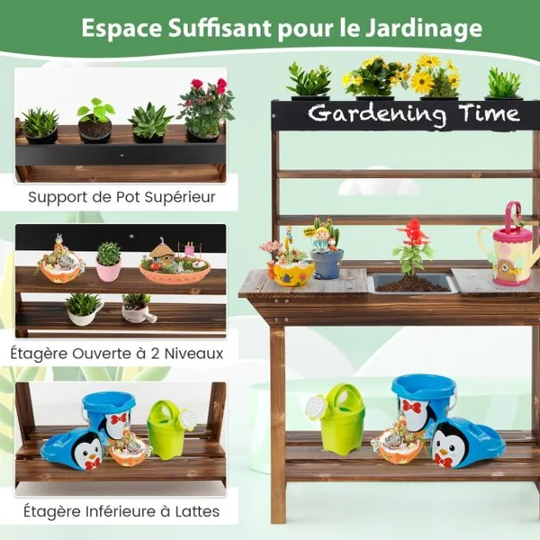 Table de Rempotage en Bois Cuisine Extérieure avec Cadre en Bois de Sapin Évier Amovible 4 Pots de Fleurs Tableau Noir pour 3-7 Ans Naturel