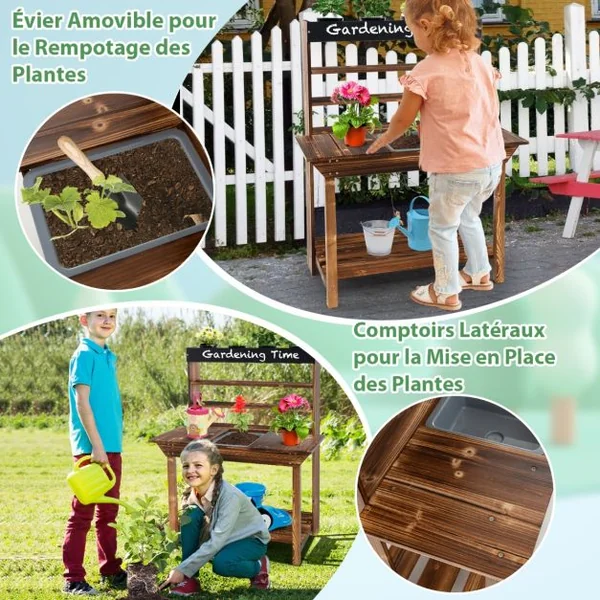Table de Rempotage en Bois Cuisine Extérieure avec Cadre en Bois de Sapin Évier Amovible 4 Pots de Fleurs Tableau Noir pour 3-7 Ans Naturel