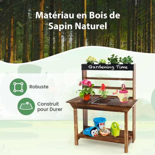 Table de Rempotage en Bois Cuisine Extérieure avec Cadre en Bois de Sapin Évier Amovible 4 Pots de Fleurs Tableau Noir pour 3-7 Ans Naturel
