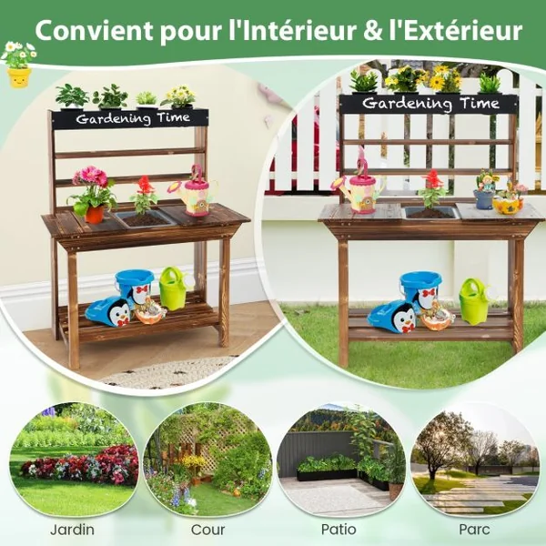 Table de Rempotage en Bois Cuisine Extérieure avec Cadre en Bois de Sapin Évier Amovible 4 Pots de Fleurs Tableau Noir pour 3-7 Ans Naturel