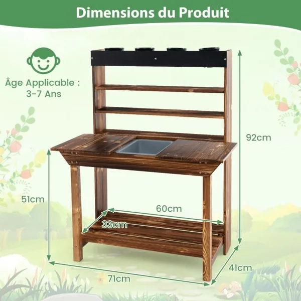 Table de Rempotage en Bois Cuisine Extérieure avec Cadre en Bois de Sapin Évier Amovible 4 Pots de Fleurs Tableau Noir pour 3-7 Ans Naturel