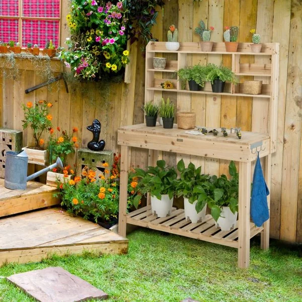 Table de Rempotage en Bois de Sapin avec Niveaux d'Étagères Table de Jardinage avec 3 Crochets et Table Ouvrable 108 x 50 cm Charge 150 kg