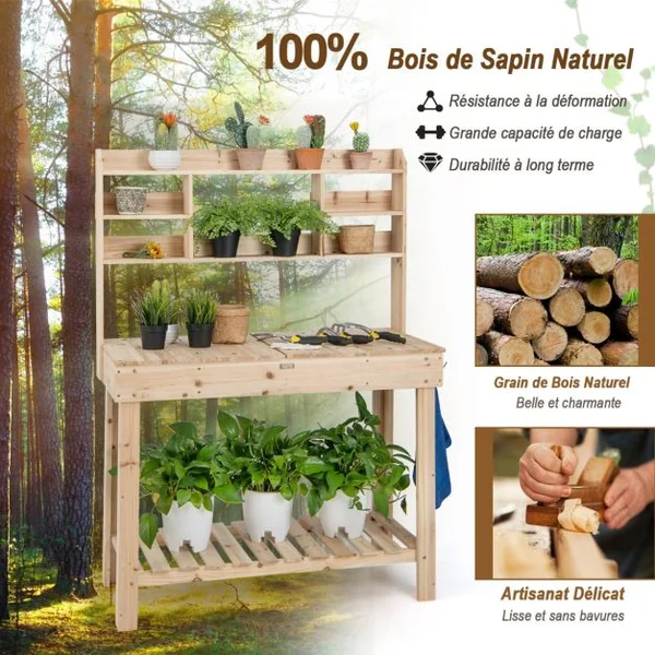 Table de Rempotage en Bois de Sapin avec Niveaux d'Étagères Table de Jardinage avec 3 Crochets et Table Ouvrable 108 x 50 cm Charge 150 kg