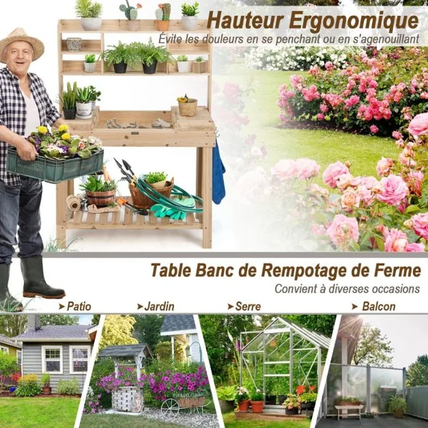 Table de Rempotage en Bois de Sapin avec Niveaux d'Étagères Table de Jardinage avec 3 Crochets et Table Ouvrable 108 x 50 cm Charge 150 kg