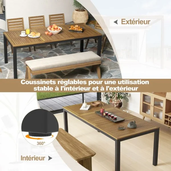 Table de Salle à Manger de 200 Cm Table d'Extérieur pour 8 Personnes avec Trou pour Parasol de 5cm Pieds en Métal et Repose-pied Réglables