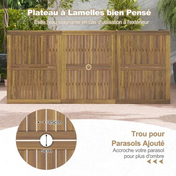 Table de Salle à Manger de 200 Cm Table d'Extérieur pour 8 Personnes avec Trou pour Parasol de 5cm Pieds en Métal et Repose-pied Réglables